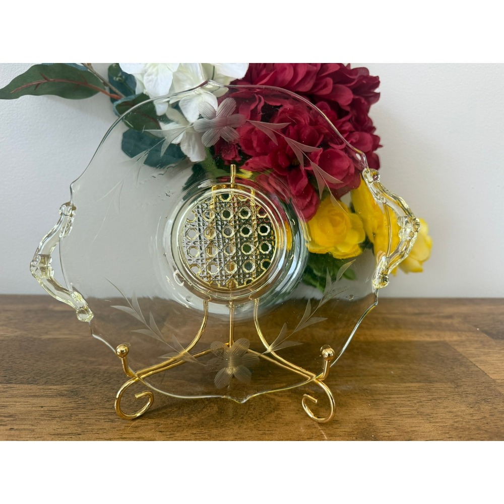 Vintage Etched Glass Serving Bowl Plate Handled Floral Amber‎ Center Mid Century